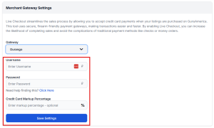Merchant Gateway Credentials, CC Markup Percentage, and Save