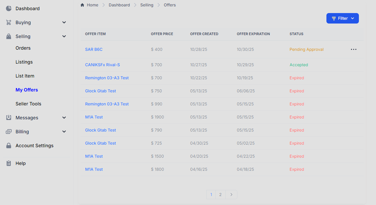 Seller My Offers page