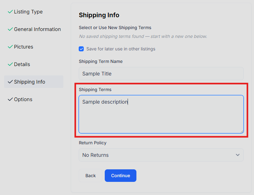 Adding shipping terms while creating a listing