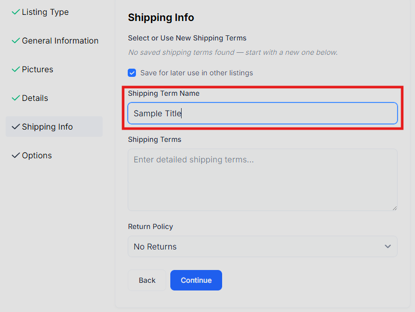 Adding shipping terms while creating a listing