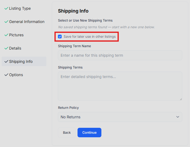 Adding shipping terms while creating a listing